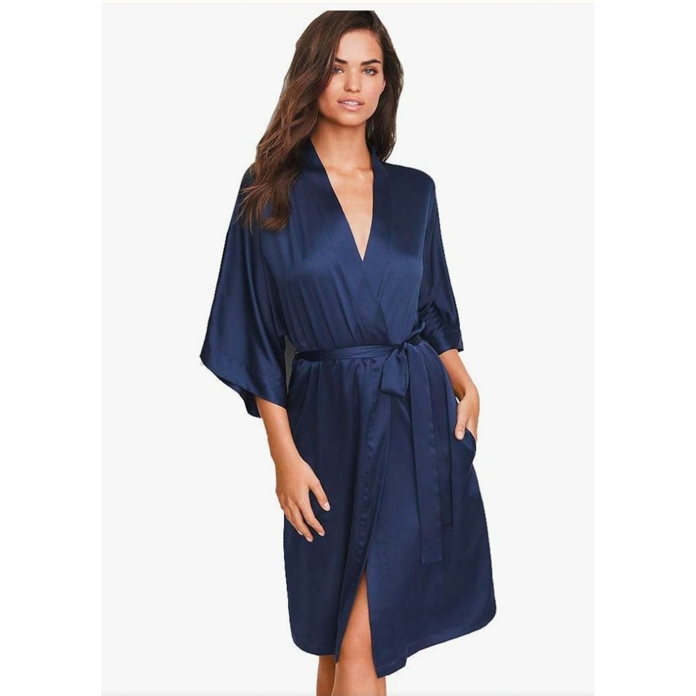 Victoria's Secret Navy Blue 100% Silk‎ Kimono Robe XS/S Tie Waist Sleepwear